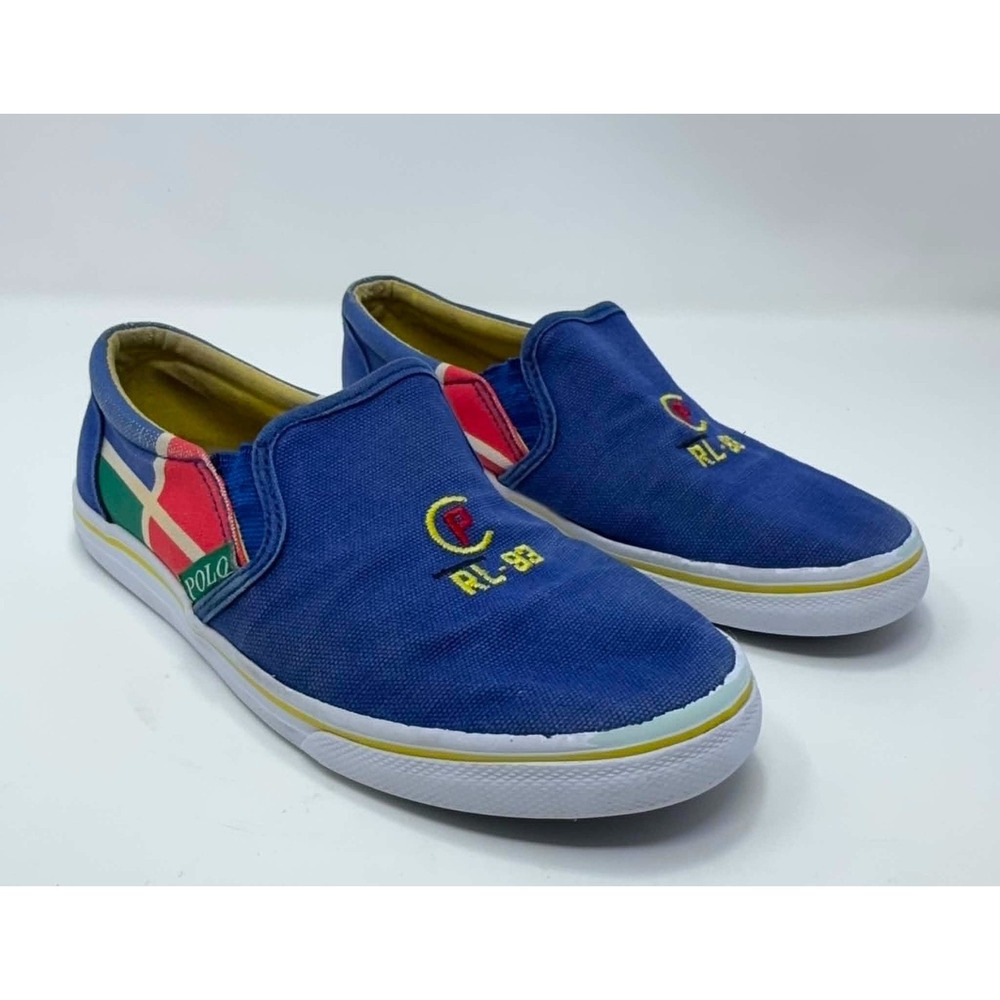 Polo Ralph Lauren RL-93 Canvas Slip On Shoes Blue Nautical Flag Youth Boys 1.5‎